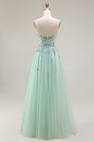 Robe de soirée longue corset transparente en tulle trapèze vert sans bretelles avec appliques